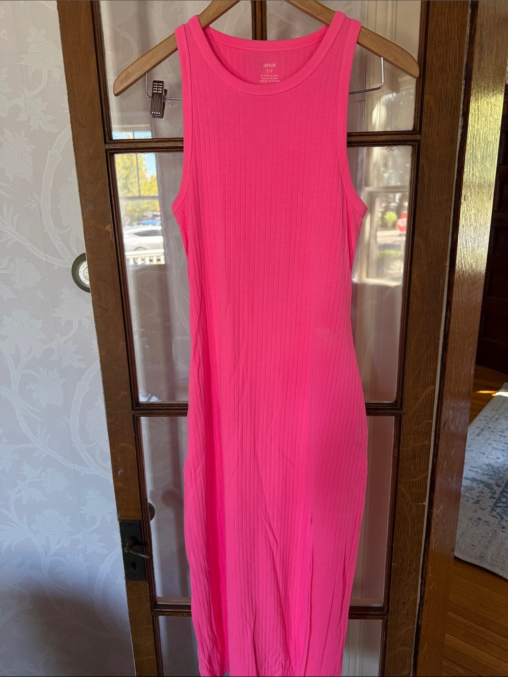 aerie Sleeveless Ribbed Hot Pink Midi Dress